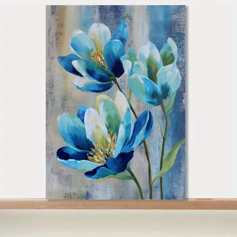 Beautiful Vibrant Blue & Green Flowers Painting 40x60cm Metal Print Ready to Hang
