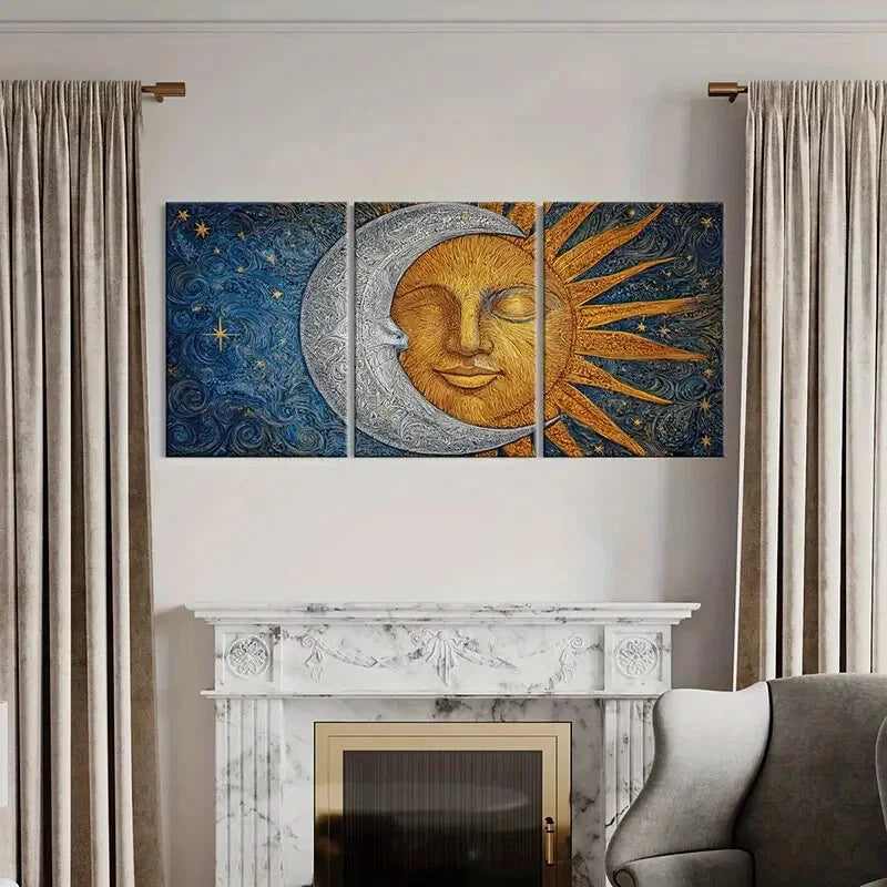 3pcs Sun Moon Celestial Art Golden Silvery Face Metal Print Ready to Hang Art - Bella Home Decor
