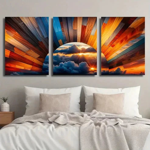 3pcs Cloudy Sunrise and Sunlight in the Sky Wall Art Set Canvas Unframed - High Quality Print 100% Australian Made Wall Canvas
