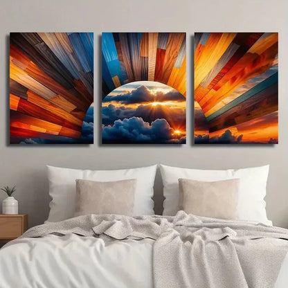 3pcs Cloudy Sunrise and Sunlight in the Sky Wall Art Set Canvas Unframed - High Quality Print 100% Australian Made Wall Canvas
