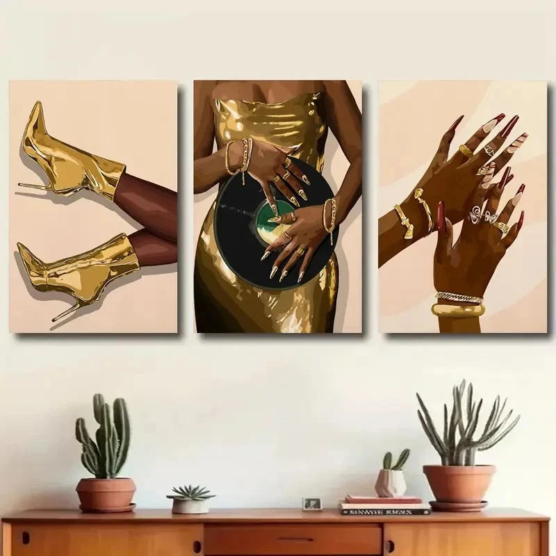 3pcs Golden Boots and Hand Accessories Metal Print Ready to Hang Art - Bella Home Decor