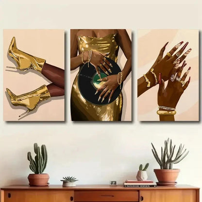 3pcs Golden Boots and Hand Accessories Metal Print Ready to Hang Art - Bella Home Decor