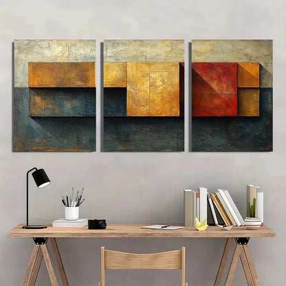 3pcs Brown Geometric Abstract Texture Painting Metal Print Ready to Hang Art - Bella Home Decor
