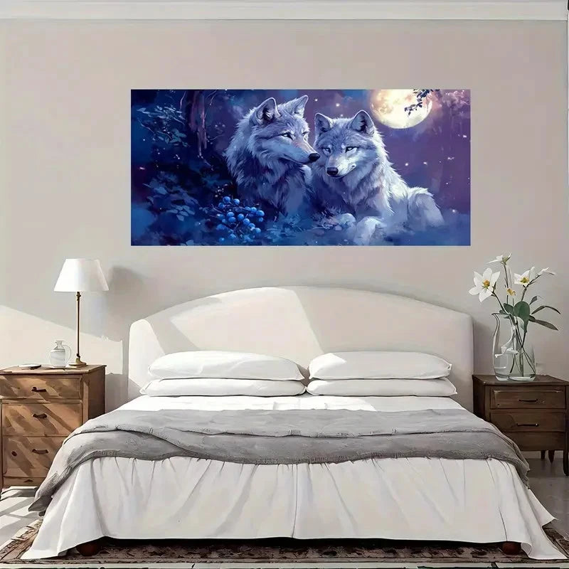 Moon Wolf Couple Wall Art Canvas Office Home Room Framed 120x60cm