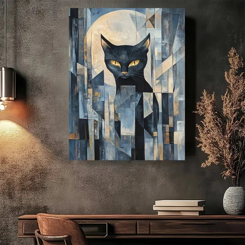 Beautiful Geometric Black Cat with Yellow Eye Painting 40x60cm Metal Print Ready to Hang - Bella Home Decor