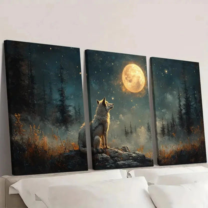 3pcs Howling Wolf  Pine Trees & Glowing  TG Wall Art Set Canvas Framed 50x70cm - High Quality Print 100% Australian Made Wall Canvas Ready to Hang