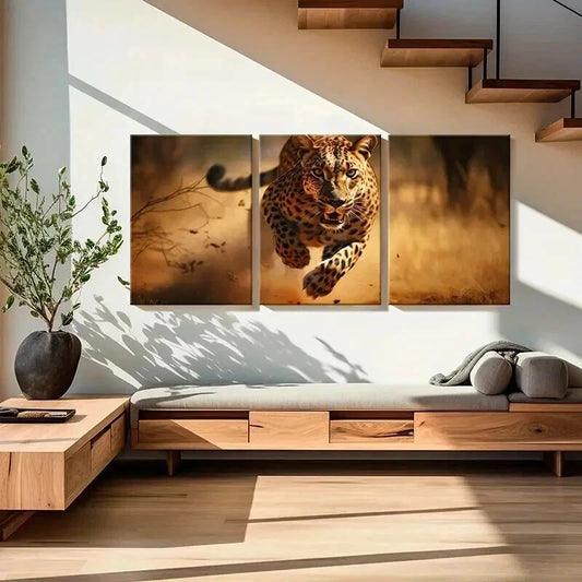 3pcs Cheetah Running in the Grass Wall Art Set Canvas Framed 60x90cm - High Quality Print 100% Australian Made Wall Canvas Ready to Hang