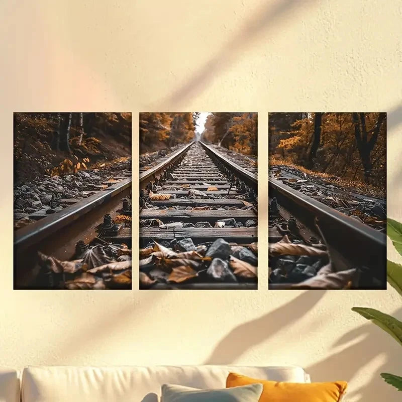 3pcs Railway covered with fallen leaves Wall Art Set Canvas Framed 50x70cm - High Quality Print 100% Australian Made Wall Canvas Ready to Hang