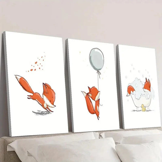 3pcs Vibrant Cartoon Foxes in Playful Scenes Wall Art Set Canvas Framed 40x60cm - High Quality Print 100% Australian Made Wall Canvas Ready to Hang