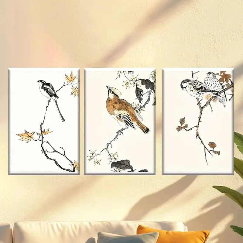 3pcs Birds and Flowers Wallpaper Wall Art Set Canvas Framed 40x60cm - High Quality Print 100% Australian Made Wall Canvas Ready to Hang - Bella Home Decor
