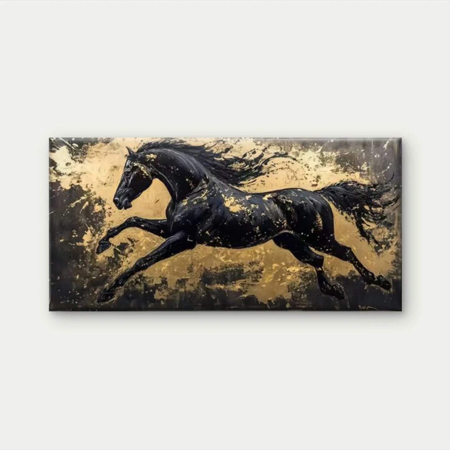 Abstract Horse Black, Golden Wall Art Canvas Office Home Room Framed 120x60cm