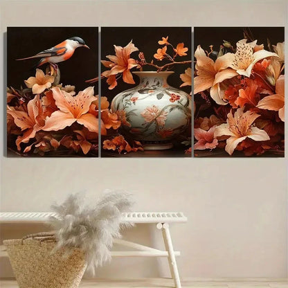 3pcs Vibrant Bird & Floral Vase Wall Art Set Canvas Framed 50x70cm - High Quality Print 100% Australian Made Wall Canvas Ready to Hang