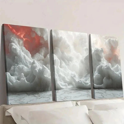 3pcs Abstract Cloud Creamy White & Red Hues d  Wall Art Set Canvas Framed 60x90cm - High Quality Print 100% Australian Made Wall Canvas Ready to Hang - Bella Home Decor