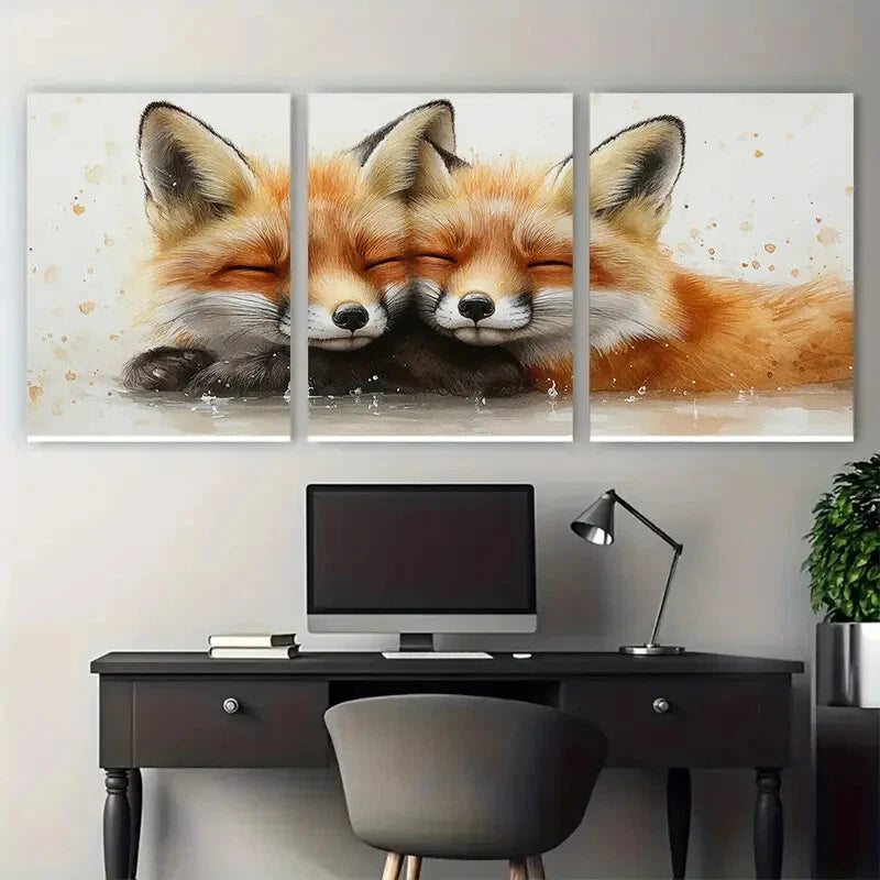 3pcs Two Wild Foxes Snuggling Illustration Metal Print Ready to Hang Art - Bella Home Decor