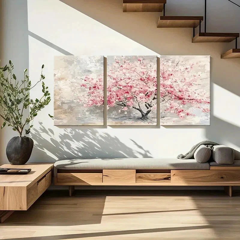 3pcs Cherry Blossom Tree Pink & White Abstract Metal Print Ready to Hang Art - Bella Home Decor