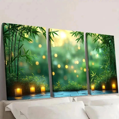 3pcs Serene Green Bamboo & Lanterns DI  Wall Art Set Canvas Framed 40x60cm - High Quality Print 100% Australian Made Wall Canvas Ready to Hang