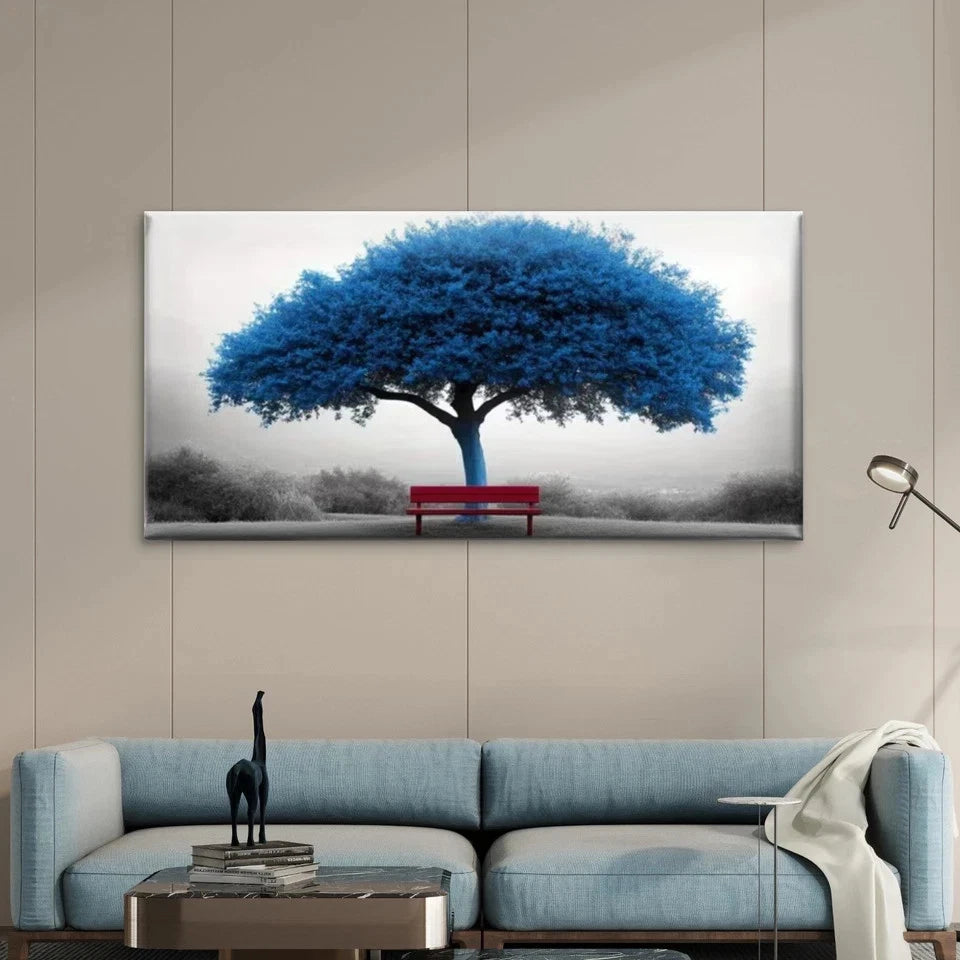 Blue Tree & Red Bench Landscape Wall Art Canvas Office Home Room Framed 120x60cm