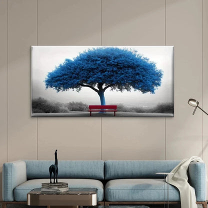 Blue Tree & Red Bench Landscape Wall Art Canvas Office Home Room Framed 120x60cm