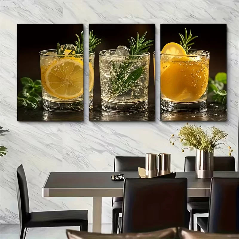 3pcs Gourmet Gin Tonic Cocktail Metal Print Ready to Hang Art