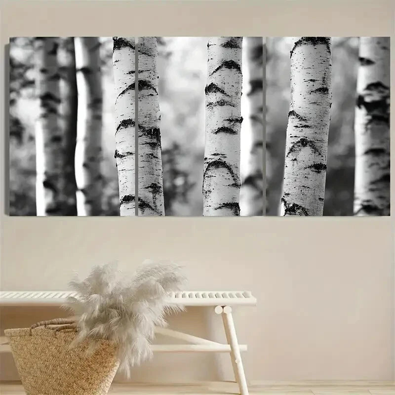 3pcs Rustic Black and White Birch Tree Metal Print Ready to Hang Art