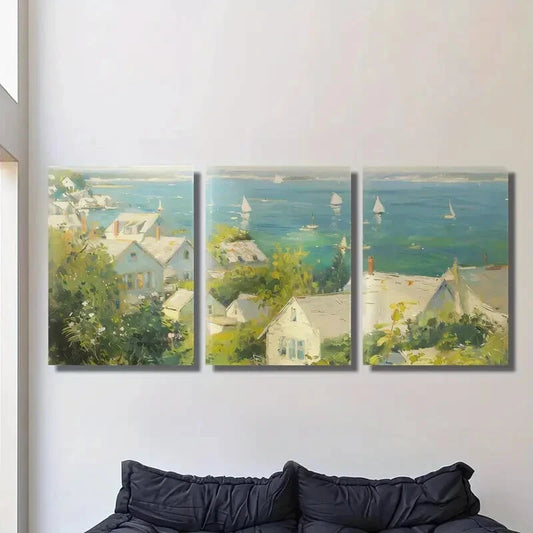 3pcs Oil painting style cottage by the sea, Metal Print Ready to Hang Art