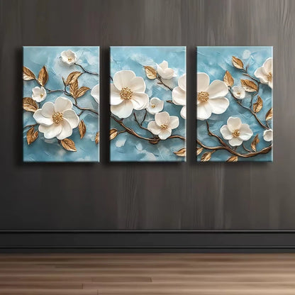 3pcs Beautiful White Florals and Golden Leaves Wall Art Set Canvas Framed 60x90cm - High Quality Print 100% Australian Made Wall Canvas Ready to Hang - Bella Home Decor
