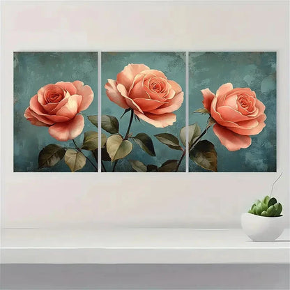 3pcs e Rose Botanical Floral Horizontal Art Metal Print Ready to Hang Art - Bella Home Decor