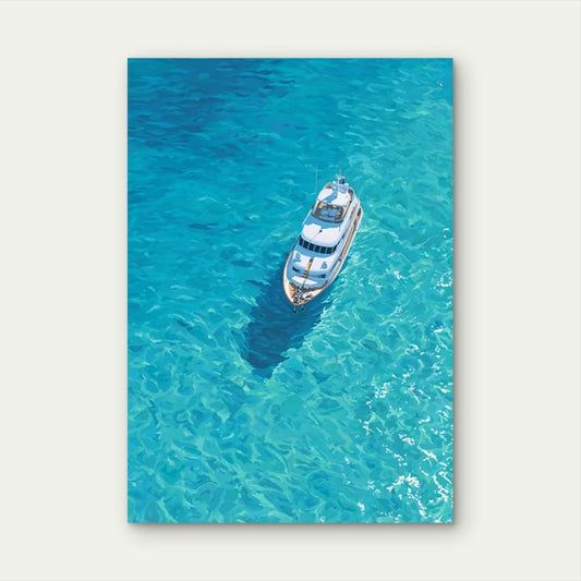 Ocean Nautical Painting with White Boat on Blue Waters 60x90cm Metal Print Ready to Hang