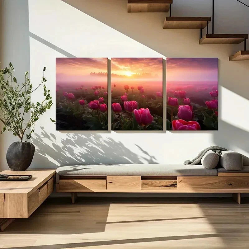 3pcs Sunset Tulips Field Vibrant Colors Nature Metal Print Ready to Hang Art - Bella Home Decor