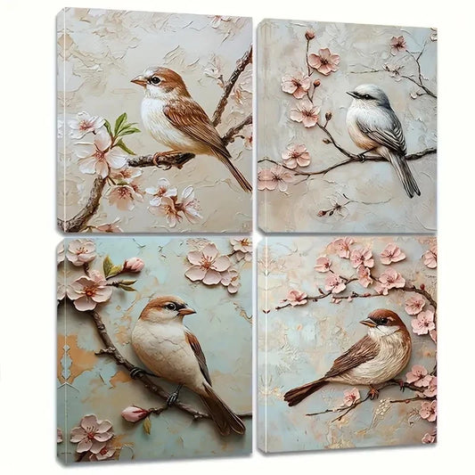 4pcs A bird On A Cherry Blossom Branch  Wall Art Canvas Framed