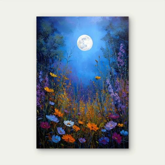 Manga Style Full Moon & Wildflowers 60x90cm Metal Print Ready to Hang