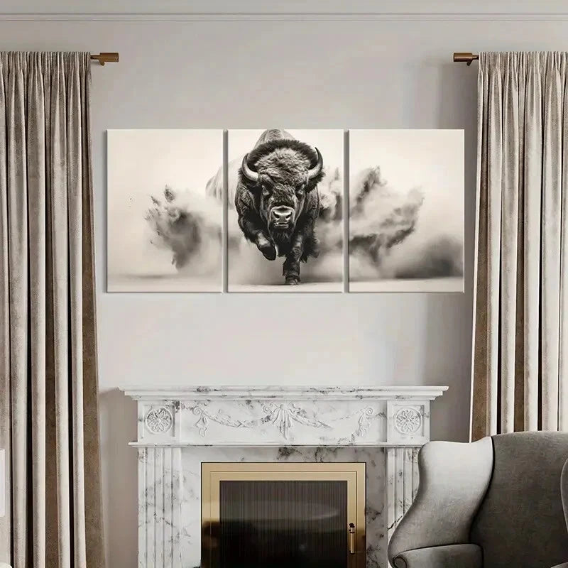 3pcs Powerful Bison Wildlife Art Monochrome Art Metal Print Ready to Hang Art - Bella Home Decor