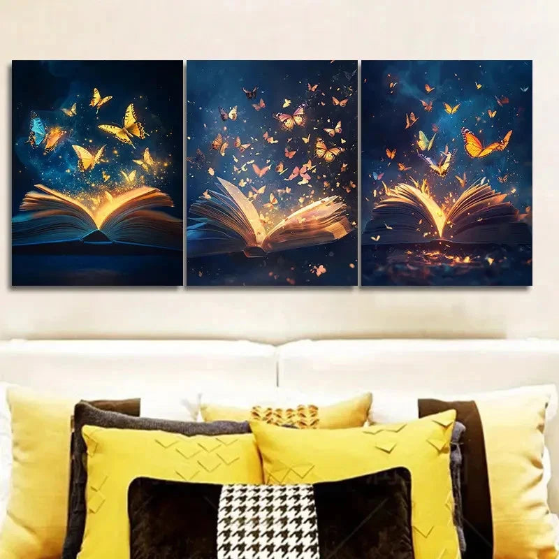 3pcs Golden Butterfly Flying Out Wall Art Set Canvas Framed 60x90cm - High Quality Print 100% Australian Made Wall Canvas Ready to Hang - Bella Home Decor