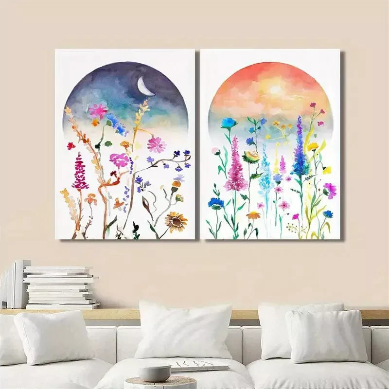 2pcs Boho Color Art, Celestial Watercolor Wildflower Art Canvas Framed 50x75cm - High Quality Print 100% Australian Made Wall Canvas Ready to Hang - Bella Home Decor