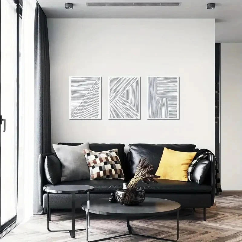 3pcs Navy Blue Wall Decor Neutral Boho Lines Metal Print Ready to Hang Art