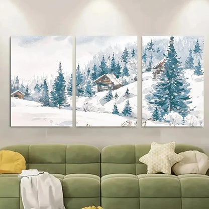 3pcs Snowy Mountain Cabin Scene Metal Print Ready to Hang Art