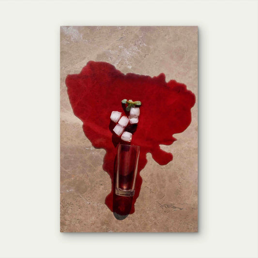 Top View Spilled Tea With Ice 40x60cm Metal Print Ready to Hang