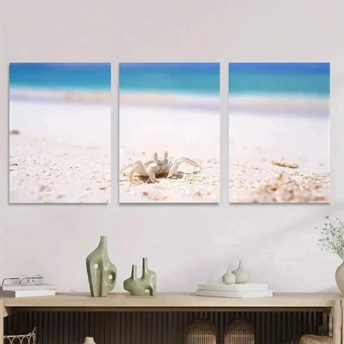 3pcs Beach Scene Ocean Crab & Seashells Wall Art Set Canvas Unframed - High Quality Print 100% Australian Made Wall Canvas - Bella Home Decor