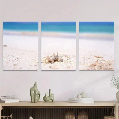 3pcs Beach Scene Ocean Crab & Seashells Wall Art Set Canvas Unframed - High Quality Print 100% Australian Made Wall Canvas - Bella Home Decor