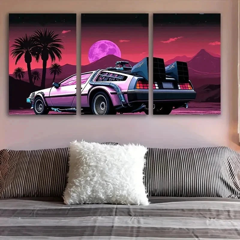 3pcs Retro Futuristic Pink Car Scene Wall Art Set Canvas Framed 50x70cm - High Quality Print 100% Australian Made Wall Canvas Ready to Hang