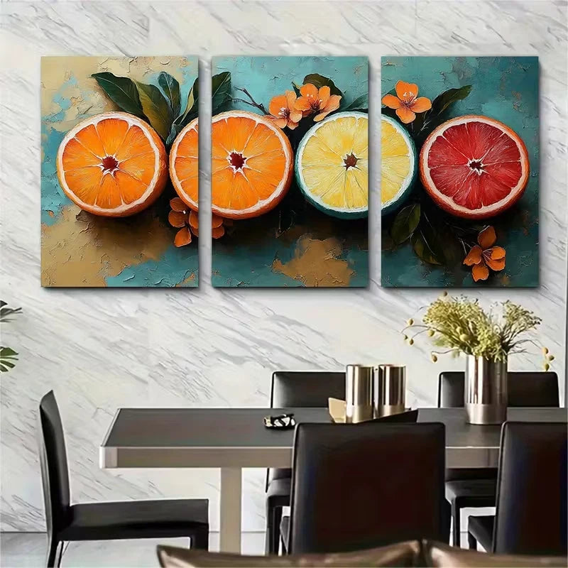 3pcs Vibrant Orange Teal Fruit Metal Print Ready to Hang Art