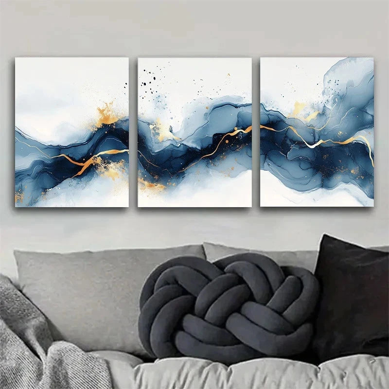 3pcs Blue Golden and White Marble Design Metal Print Ready to Hang Art - Bella Home Decor