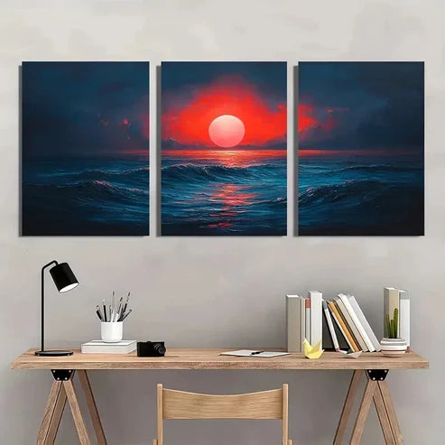 3pcs Mid Century Modern Sunset Wall Art Set – Wall Art Canvas Unframed - High Quality Print 100% Australian Made Wall Canvas