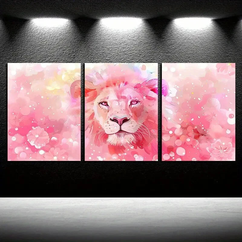 3pcs Vibrant Charming Pink Lion Illustration Metal Print Ready to Hang Art