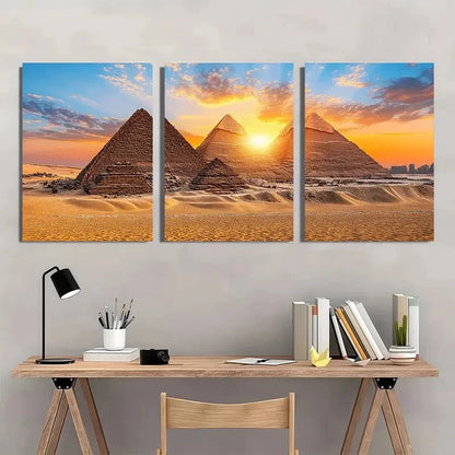 3pcs Pyramids of Giza Sunset Panoramic Wall Art Set Canvas Framed 60x90cm - High Quality Print 100% Australian Made Wall Canvas Ready to Hang