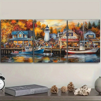 3pcs A Colorful Fishing Village Metal Print Ready to Hang Art - Bella Home Decor