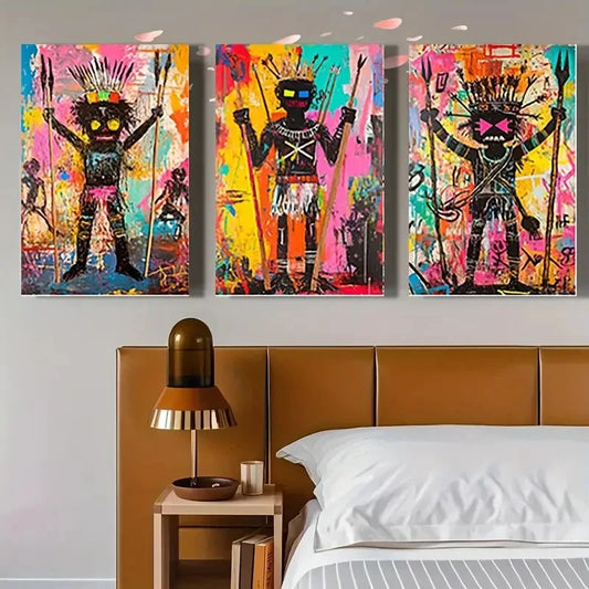 3pcs Vintage-Inspired Basquiat Wall Art Set Canvas Framed 50x70cm - High Quality Print 100% Australian Made Wall Canvas Ready to Hang