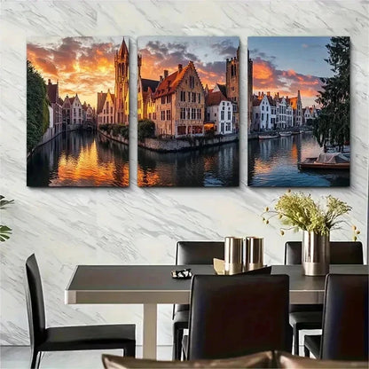 3pcs Bruges Travel Scenic Cityscape Perfect Wall Art Set Canvas Framed 50x70cm - High Quality Print 100% Australian Made Wall Canvas Ready to Hang - Bella Home Decor