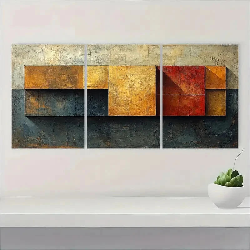 3pcs Brown Geometric Abstract Texture Painting Metal Print Ready to Hang Art - Bella Home Decor