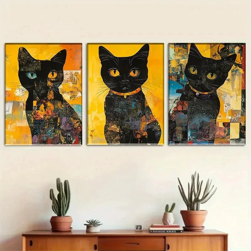 3pcs Artistic Abstract Black Cat Portrait Metal Print Ready to Hang Art - Bella Home Decor